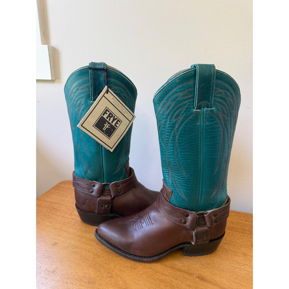 Frye Billy Harness Woman's Color Block Cowboy Boots 6B Teal/Brown Western